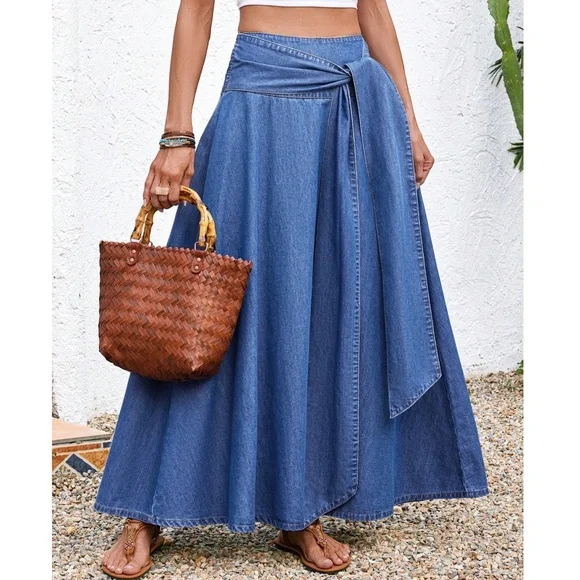 Medium Wash High Waisted Tie Belt Denim Jean Maxi Skirt - Picture 1 of 4